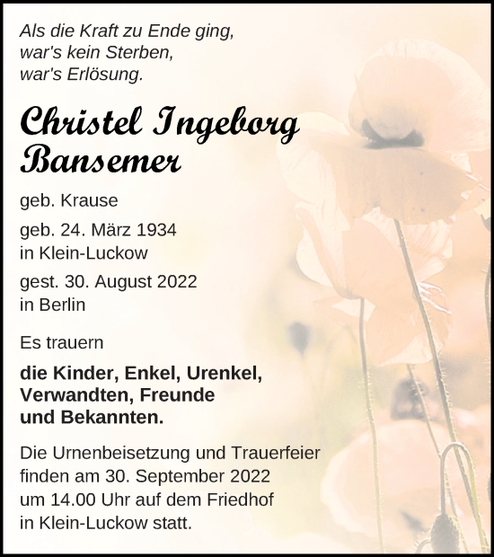 Traueranzeige von Christel Ingeborg Bansemer von Pasewalker Zeitung