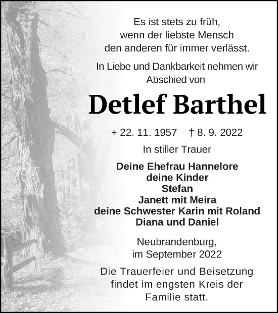 Traueranzeige von Detlef Barthel von Neubrandenburger Zeitung