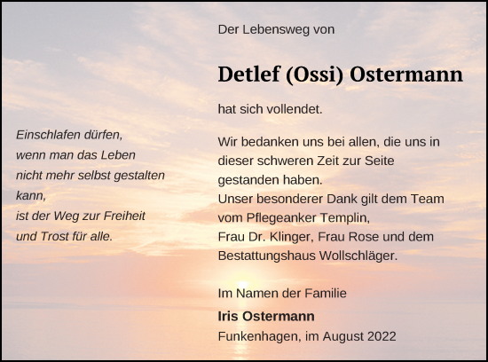 Traueranzeige von Detlef Ostermann von Templiner Zeitung