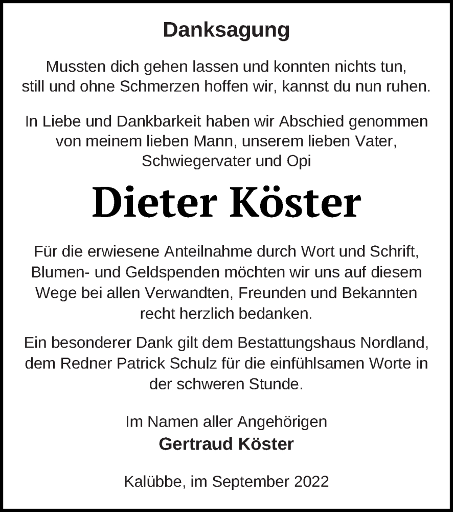 Traueranzeigen von Dieter Köster | Trauer Nordkurier