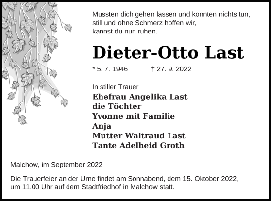 Traueranzeige von Dieter-Otto Last von Müritz-Zeitung