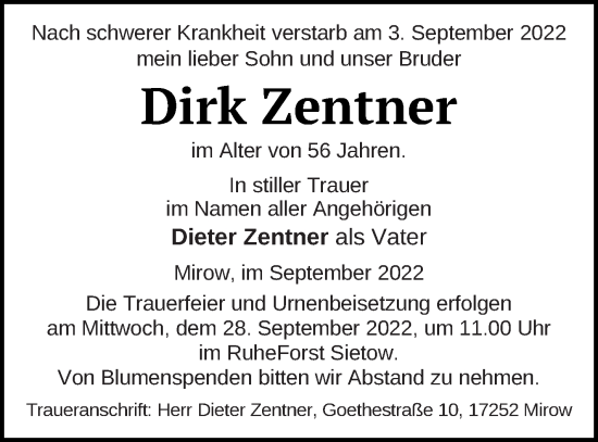 Traueranzeige von Dirk Zentner von Strelitzer Zeitung