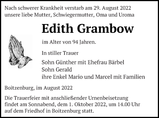 Traueranzeige von Edith Grambow von Templiner Zeitung