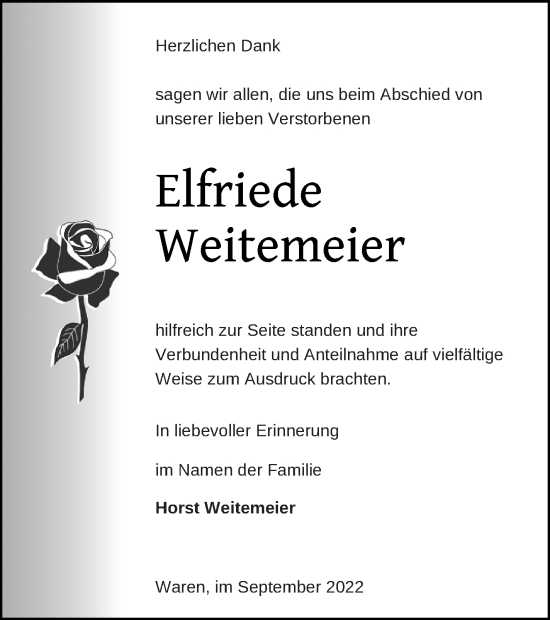 Traueranzeige von Elfriede Weitemeier von Müritz-Zeitung