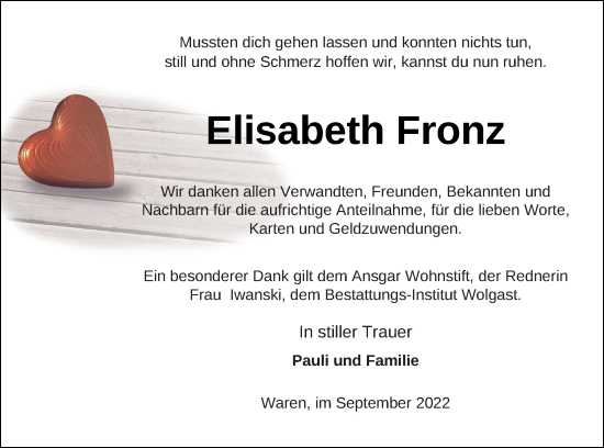 Traueranzeige von Elisabeth Fronz von Müritz-Zeitung