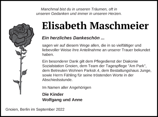 Traueranzeige von Elisabeth Maschmeier von Mecklenburger Schweiz