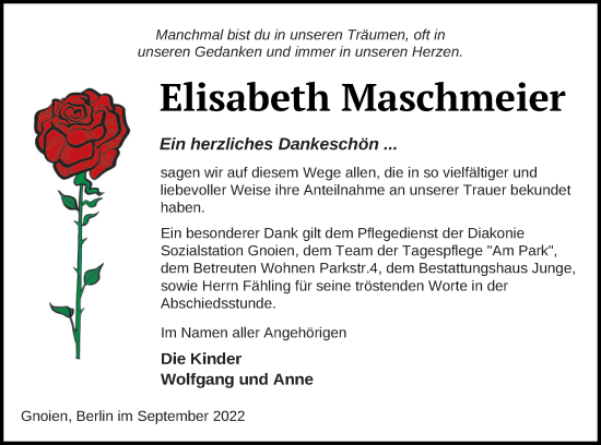 Traueranzeige von Elisabeth Maschmeier von Mecklenburger Schweiz