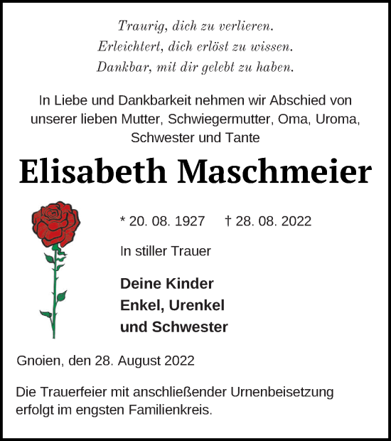 Traueranzeige von Elisabeth Maschmeier von Mecklenburger Schweiz