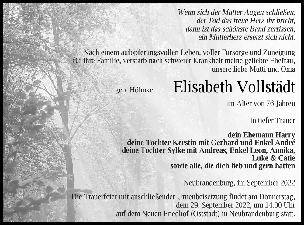  Traueranzeige für Elisabeth Vollstädt vom 23.09.2022 aus Neubrandenburger Zeitung