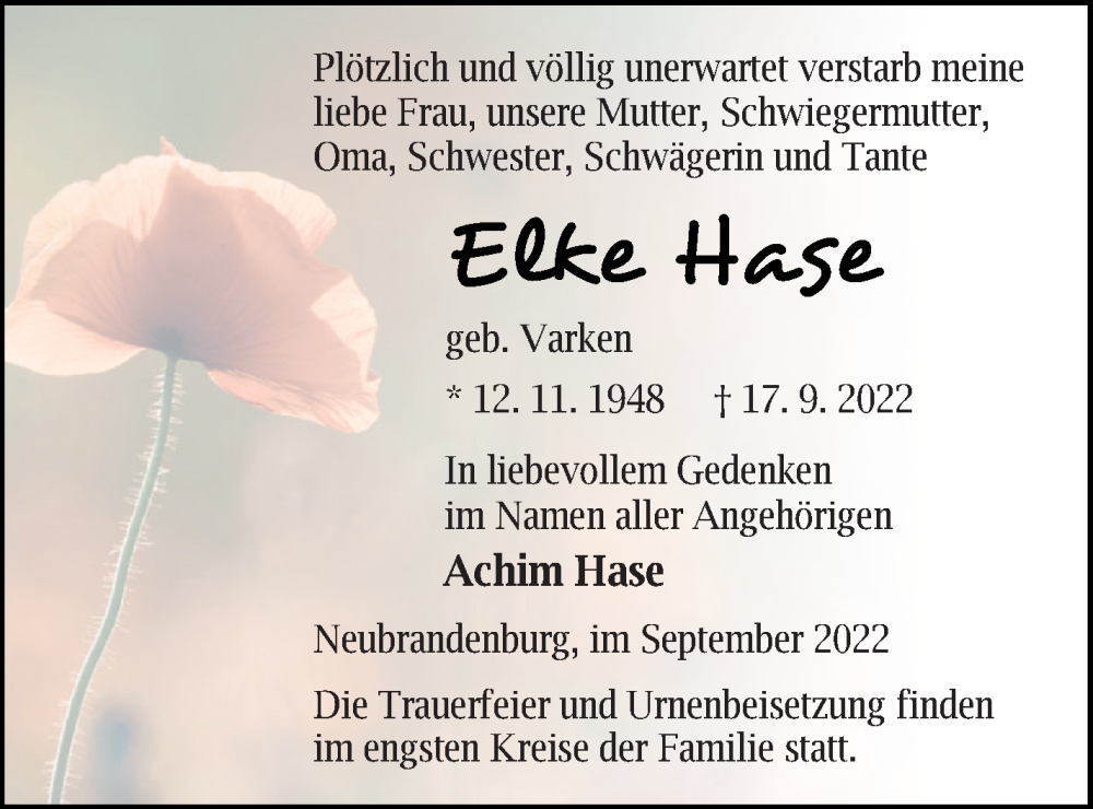  Traueranzeige für Elke Hase vom 23.09.2022 aus Neubrandenburger Zeitung