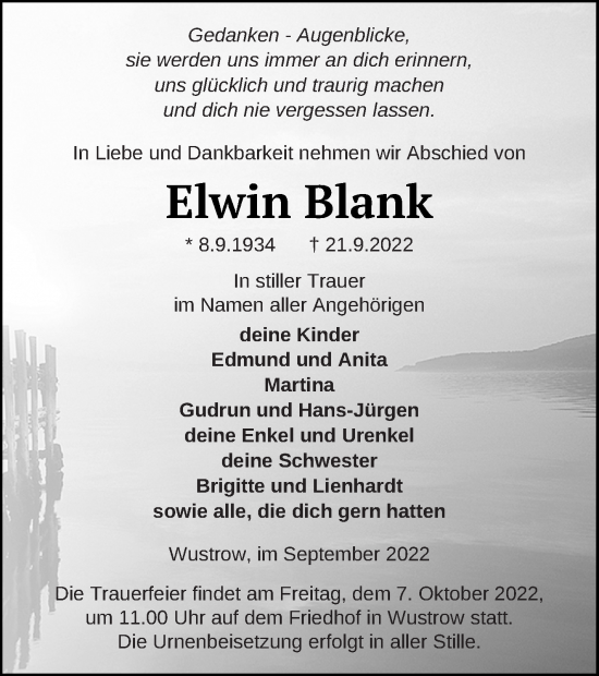 Traueranzeige von Elwin Blank von Strelitzer Zeitung