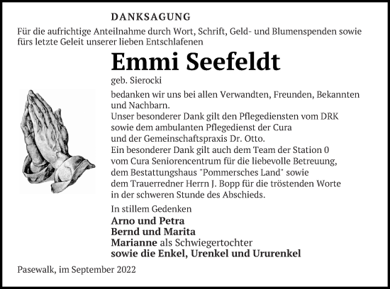 Traueranzeige von Emmi Seefeldt von Pasewalker Zeitung