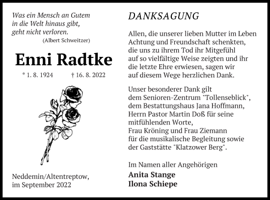 Traueranzeige von Enni Radtke von Neubrandenburger Zeitung