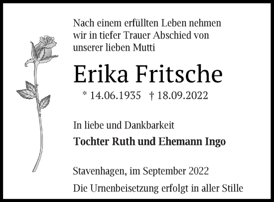 Traueranzeige von Erika Fritsche von Mecklenburger Schweiz