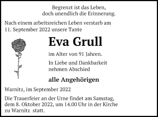 Traueranzeige von Eva Grull von Prenzlauer Zeitung