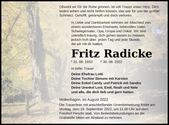 Traueranzeige von Fritz Radicke von Müritz-Zeitung