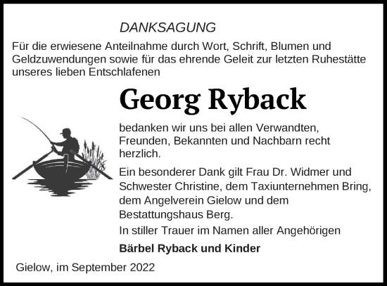 Traueranzeige von Georg Ryback von Mecklenburger Schweiz