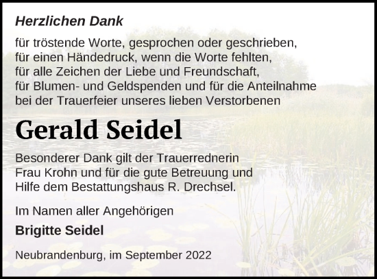 Traueranzeige von Gerald Seidel von Neubrandenburger Zeitung