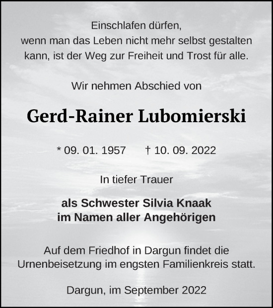 Traueranzeige von Gerd-Rainer Lubomierski von Mecklenburger Schweiz