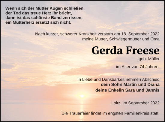 Traueranzeige von Gerda Freese von Vorpommern Kurier