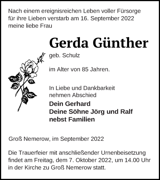 Traueranzeige von Gerda Günther von Neubrandenburger Zeitung