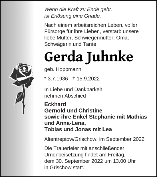 Traueranzeige von Gerda Juhnke von Neubrandenburger Zeitung