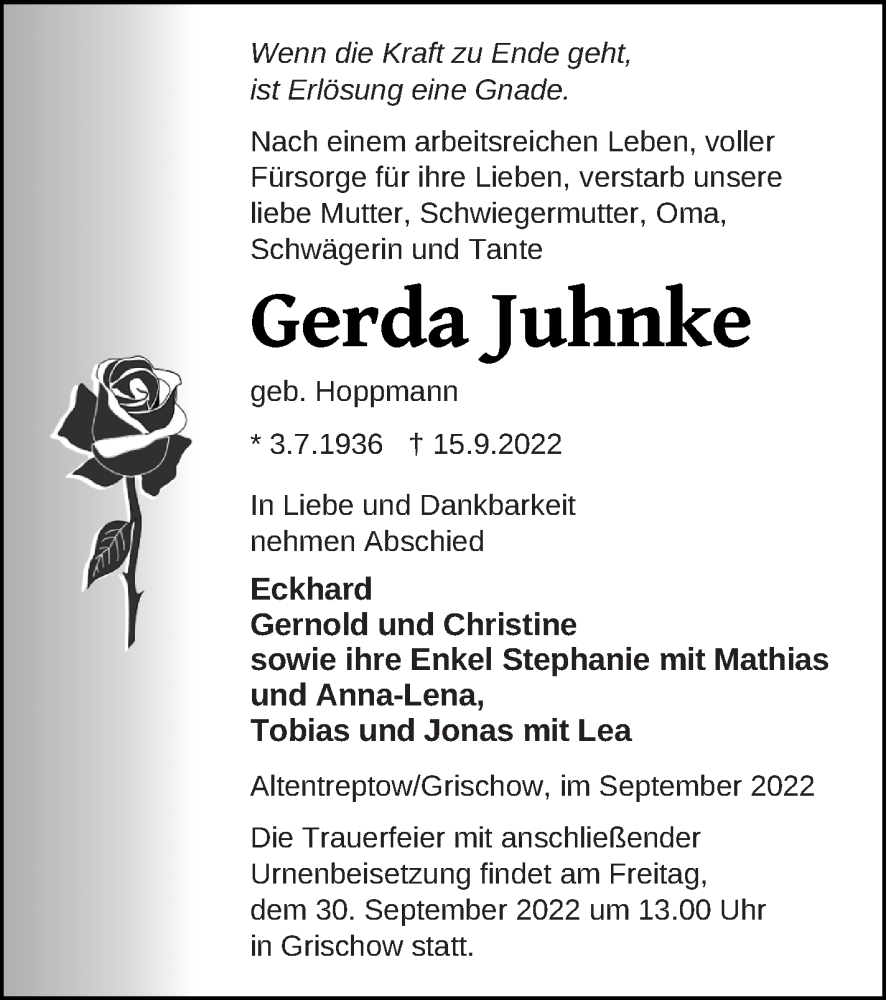  Traueranzeige für Gerda Juhnke vom 23.09.2022 aus Neubrandenburger Zeitung