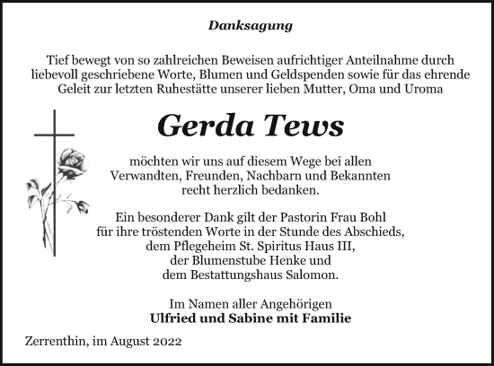 Traueranzeige von Gerda Tews von Pasewalker Zeitung