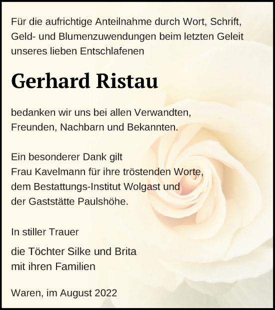 Traueranzeige von Gerhard Ristau von Müritz-Zeitung