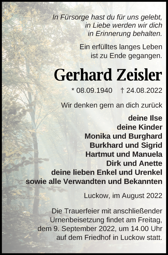 Traueranzeige von Gerhard Zeisler von Haff-Zeitung