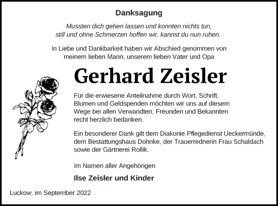 Traueranzeige von Gerhard Zeisler von Haff-Zeitung