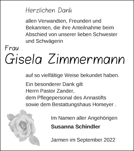 Traueranzeige von Gisela Zimmermann von Demminer Zeitung