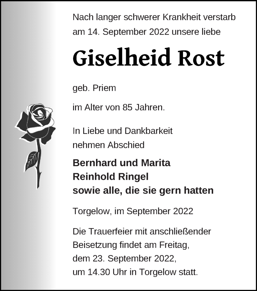  Traueranzeige für Giselheid Rost vom 17.09.2022 aus Haff-Zeitung