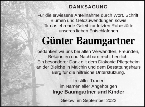 Traueranzeige von Günter Baumgartner von Mecklenburger Schweiz