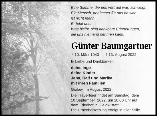 Traueranzeige von Günter Baumgartner von Mecklenburger Schweiz