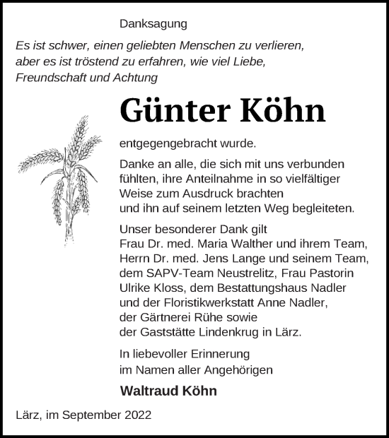 Traueranzeige von Günter Köhn von Strelitzer Zeitung