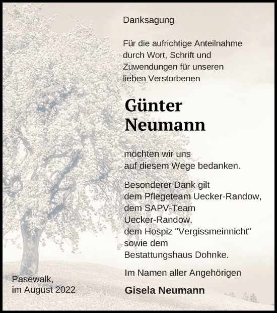 Traueranzeige von Günter Neumann von Pasewalker Zeitung