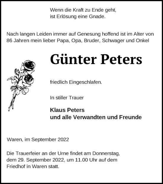 Traueranzeige von Günter Peters von Müritz-Zeitung