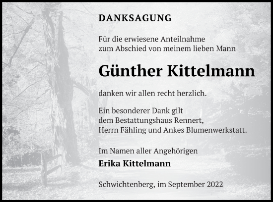 Traueranzeige von Günther Kittelmann von Demminer Zeitung