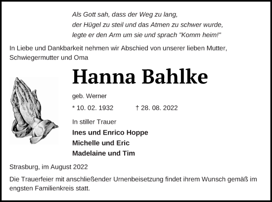 Traueranzeige von Hanna Bahlke von Pasewalker Zeitung