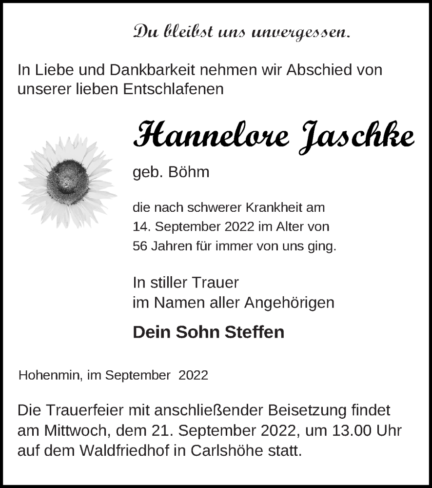  Traueranzeige für Hannelore Jaschke vom 16.09.2022 aus Neubrandenburger Zeitung