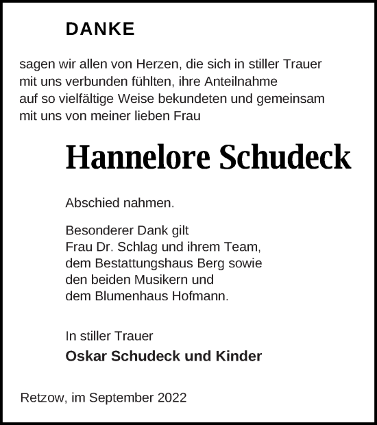 Traueranzeige von Hannelore Schudeck von Mecklenburger Schweiz