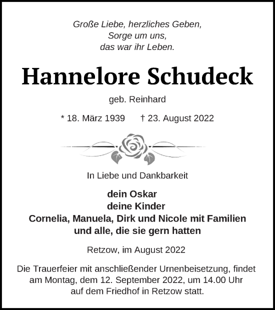 Traueranzeige von Hannelore Schudeck von Mecklenburger Schweiz