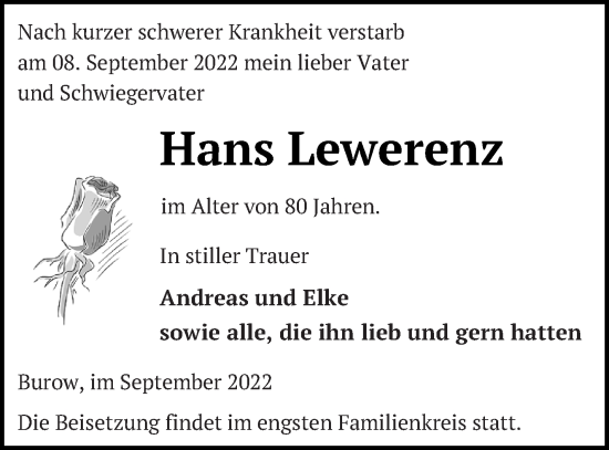 Traueranzeige von Hans Lewerenz von Neubrandenburger Zeitung