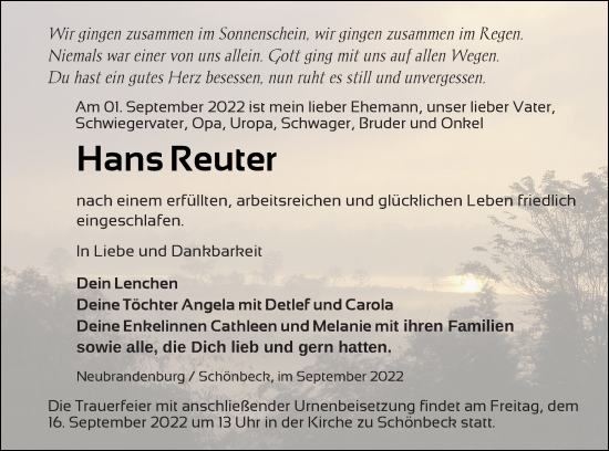 Traueranzeige von Hans Reuter von Neubrandenburger Zeitung