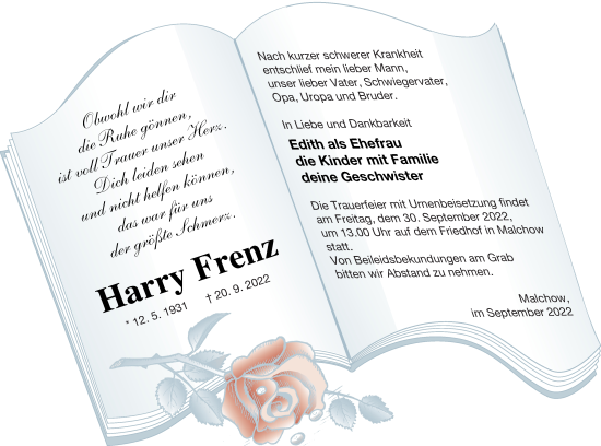 Traueranzeige von Harry Frenz von Müritz-Zeitung