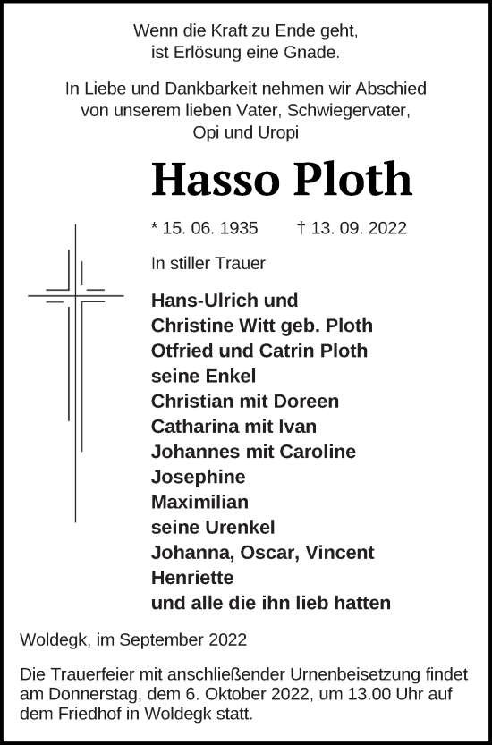 Traueranzeige von Hasso Ploth von Strelitzer Zeitung