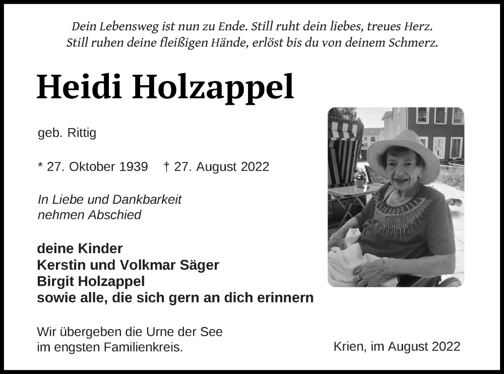  Traueranzeige für Heidi Holzappel vom 03.09.2022 aus Vorpommern Kurier