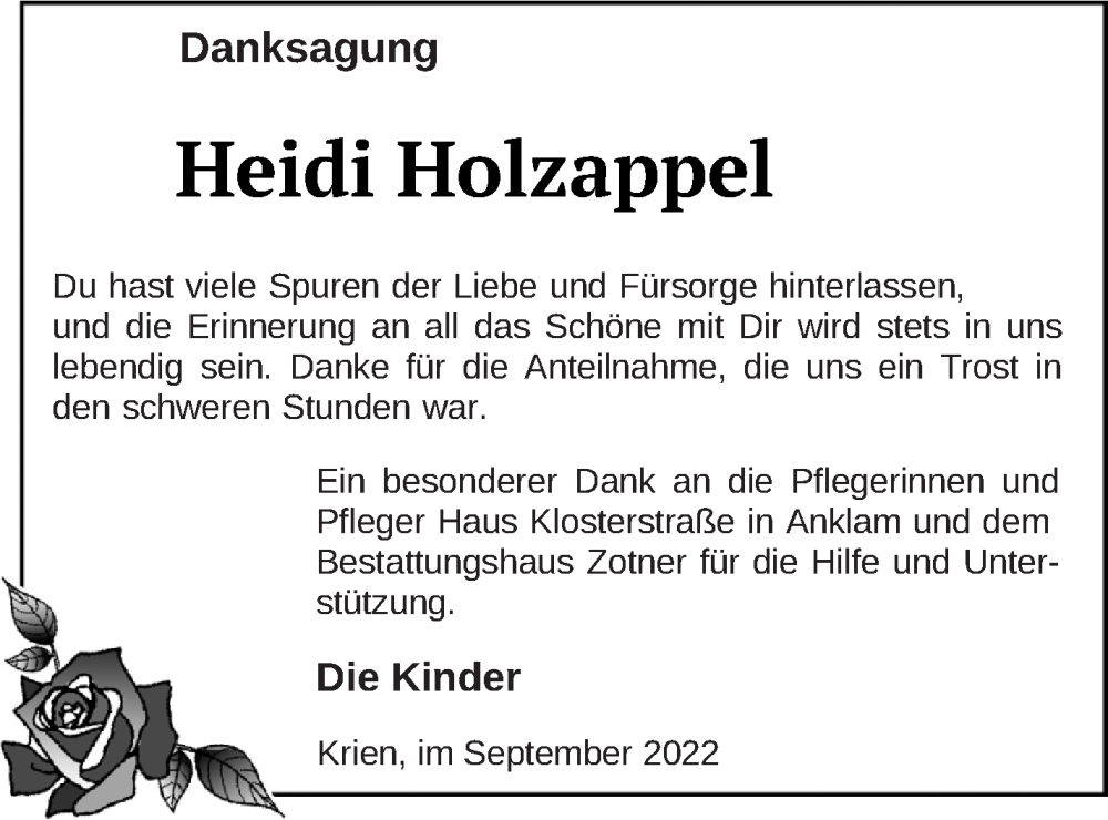  Traueranzeige für Heidi Holzappel vom 17.09.2022 aus Vorpommern Kurier