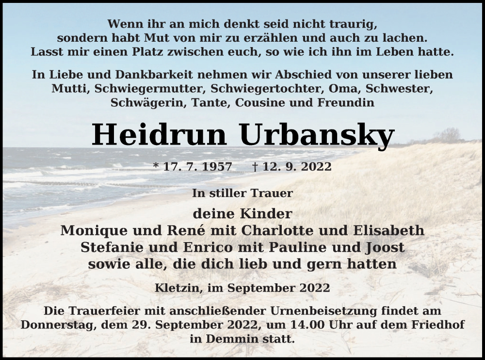  Traueranzeige für Heidrun Urbansky vom 16.09.2022 aus Demminer Zeitung